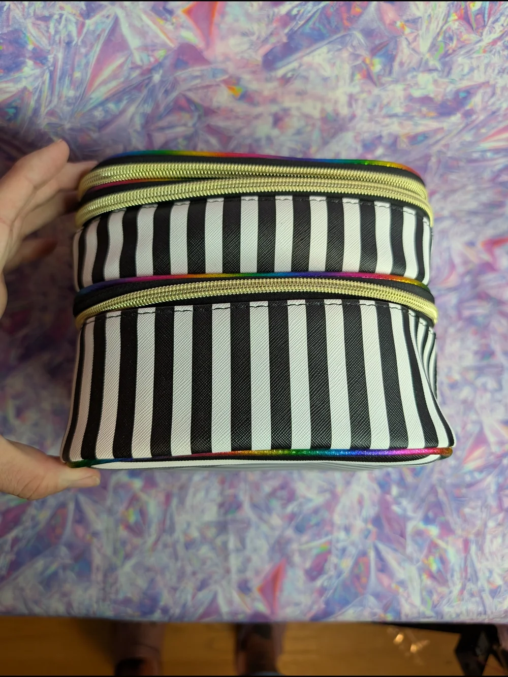 Underonesky Striped 3 Zipper Cosmetic Make Up Case with Rainbow Trim, Used Once